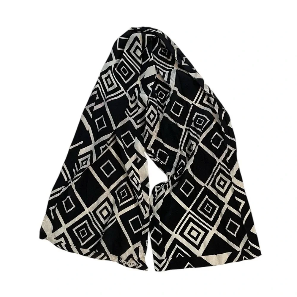 Anne Klein Geometric Diamond Silk‎ Scarf Wrap Black Cream Boho Chic Minimalist